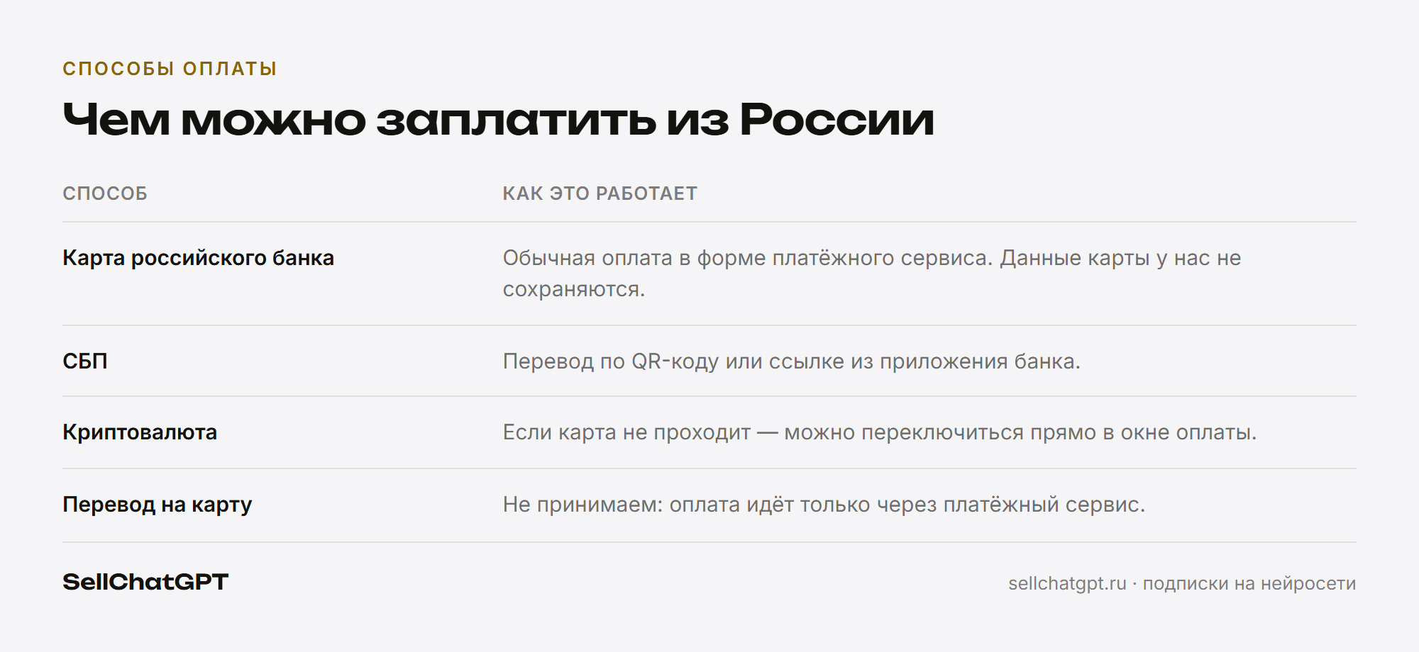 Оплата идёт через платёжный сервис: карта российского банка, СБП или криптовалюта</p>